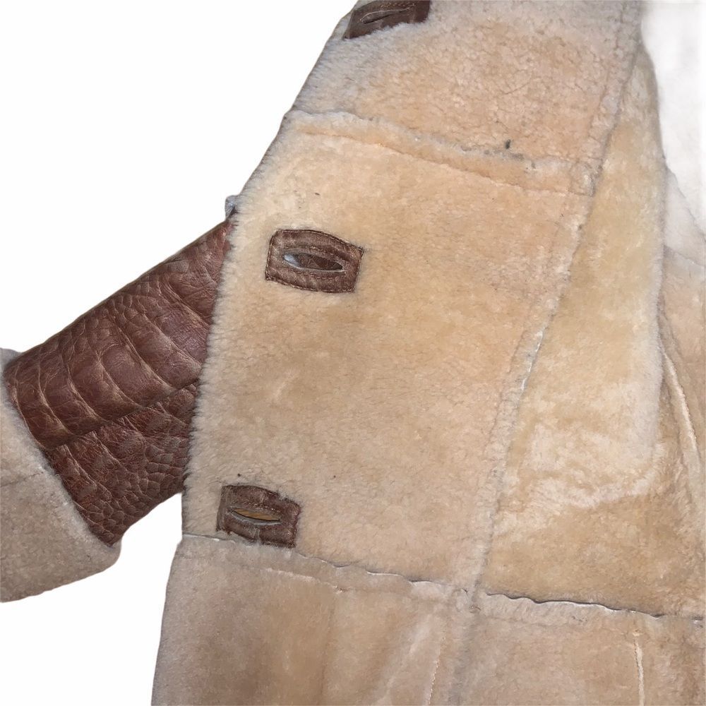 Vintage D&G Dolce & Gabbana Shearling Coat Croc Embossed Leather Brown (400) - Picture 7 of 12